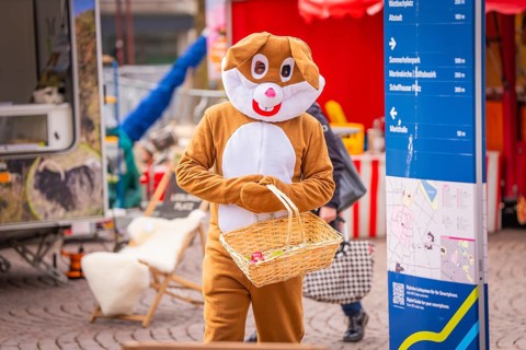 Person in Easter bunny costume at a market with a basket in front of a blue information sign,