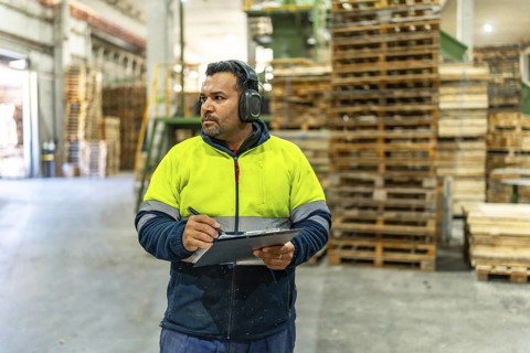 Man with protective work gear and headset writing notes to clipboard in a carpentry recycling plant
