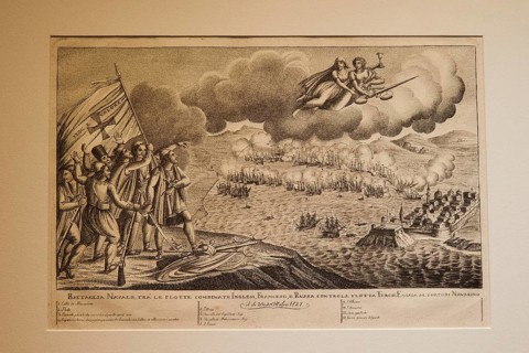 Historical depiction of a battle with flying figures and ships, Historical Museum, Battle of
