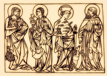 Saint Sebastian, John the Evangelist, Antony the Great, wood engraving, 1420