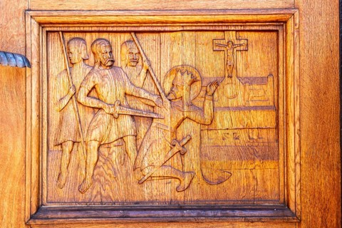 Odense, early Gothic St Albani Church, Roman Catholic church, entrance portal with wood carvings,