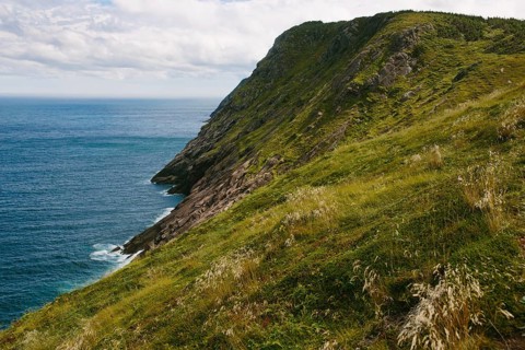 Panoramic view of the rugged coastal cliffs in Middle Cove, Newfoundland & Labrador, Canada,