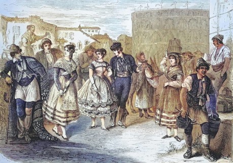 Citizens in Spain in typical dress around 1870, from left, Murca, Aragon, Valencia, Andalusia,