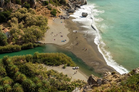Mouth of the river Megalopotamos at the palm beach of Preveli, Crete, Greece