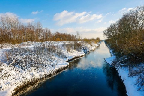 Dortmund, North Rhine-Westphalia, Germany - Sunny winter landscape in the Ruhr area, ice and snow