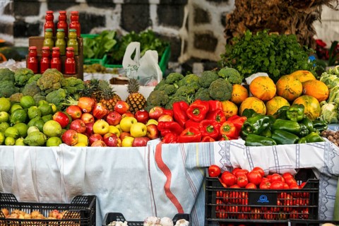 Fresh fruit and vegetables, market stall, weekly market market in Arrecife, Lanzarote, Spain
