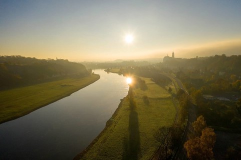 Aerial view in morning fog, Elbe valley with Albrechtsburg Meißen, Saxony, Germany
