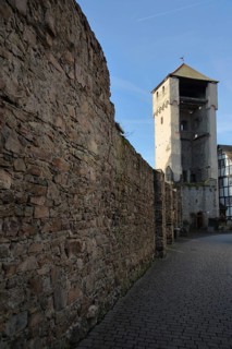 Historic hollow witch's tower with town wall, Babenhausen, Hesse, Germany