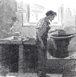 Production of matches, impregnation of the wood by hand, around 1830, digitally improved