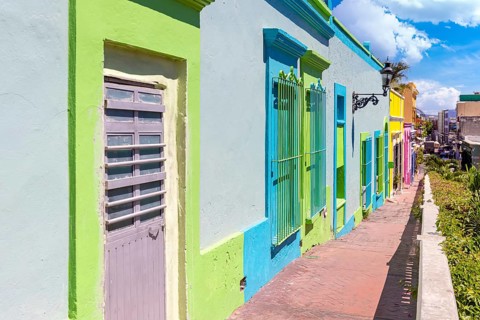 Mazatlan, Mexico, Colorful colonial streets in historic city center near Malecon and tourist