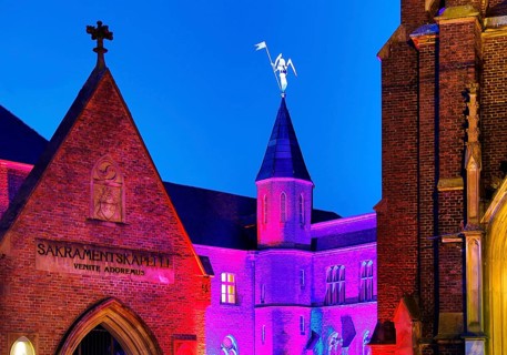Kevelaer in the light, light installation sacrament chapel and confession chapel in the evening,