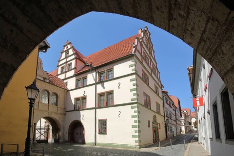 Old town hall with stairway, archway, Mühlhausen, Thuringia, Germany