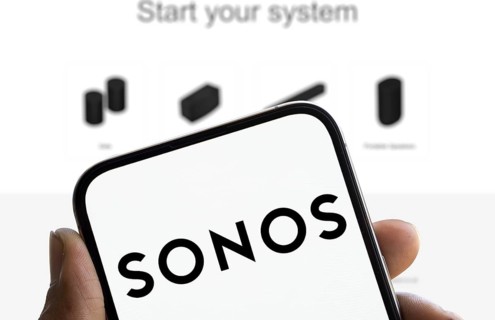 Sonos logo is displayed on smartphone. Sonos Inc is an American audio equipment manufacturer