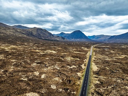 Rannoch Moor from a drone over Loch Ba and Loch of the Armpit, A82 Highland Way, Argyll and Bute,