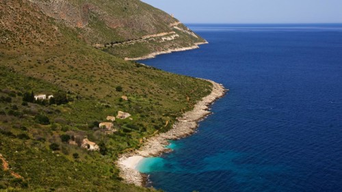 Coastline, turquoise bay, small pebble beach, houses, hiking trail, Zingaro, national park, nature