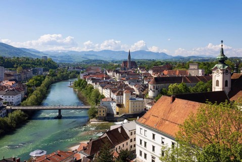 River Steyr, view from Taborberg to St Michael's Church and old town, Steyr, Traunviertel, Upper