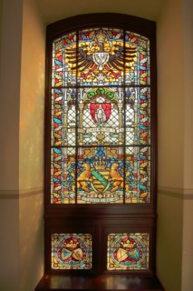 Stained glass window from the castle, arts and crafts, stained glass, coat of arms, interior view,