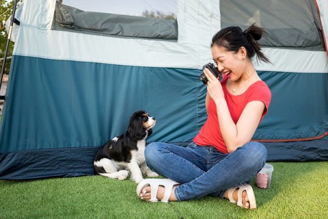 An Asian woman enjoys a sunny day, capturing delightful moments with her Cavalier King Charles