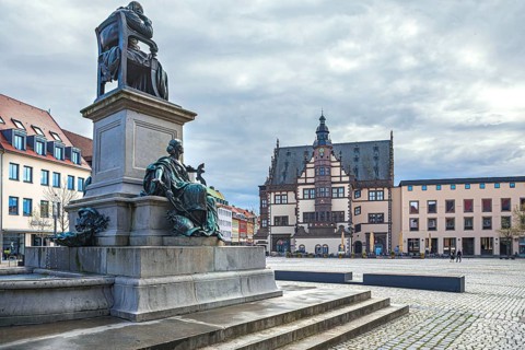 Market with Friedrich Rückert monument and town hall in Schweinfurt, Germany