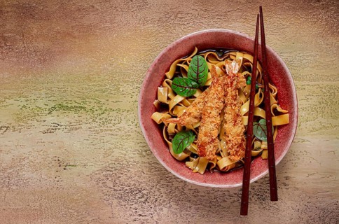 Udon noodles with shrimp in tempura, Japanese cuisine, homemade, no people