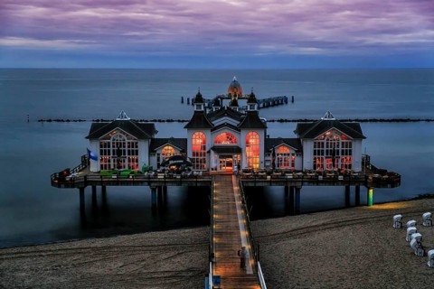 Sellin pier at dusk, view from above, long exposure, Baltic resort Sellin, Rügen Island,