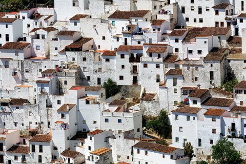 Typical white village of Casares, houses on the hillside, close-up, Route of the white villages,