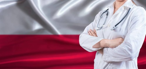 Doctor close up against Poland flag background. Polish medicine and healthcare concept