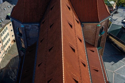 View of the roof of St Peter's parish church, Munich, Bavaria, Germany