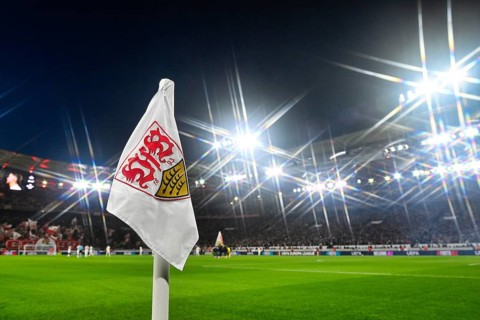 Corner flag, logo, coat of arms, VfB Stuttgart, overview, floodlight, evening, star effect, soccer