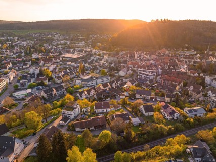 Urban landscape at sunset with many houses and green trees, surrounded by hills, Nagold, district