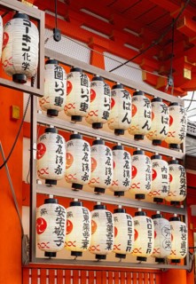 Close-up of lanterns at Yasaka Shrine, Gion District, Kyoto, Japan