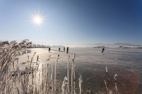 People on an icy lake, ice skating, sunny, Riegsee, Alpine foothills, Upper Bavaria, Bavaria,
