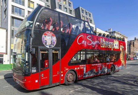 Liverpool City Sights red double-decker open -top tour bus, Liverpool, Merseyside, England, UK