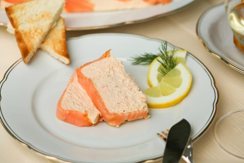 Southern German cuisine, salmon trout terrine arranged on a plate, salmon terrine with trout
