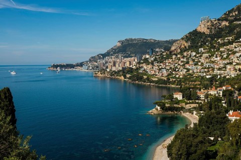 View of Roquebrune and Monaco, Plage du Golfe Bleu, Alpes Maritimes, Provence Alpes Cote d'Azur,