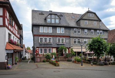 Amoeneburg, Hesse, Germany, Old Town. Hotel Weber on the historic market square. Amoeneburg is a