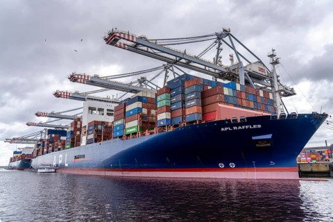 RWG Container Terminal, seaport of Rotterdam, container freighter APL Raffles, being loaded and
