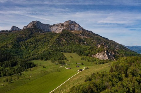 Drone image, Eisenaualm with Schafberg, Osterhorn group, Salzkammergut, Salzburg province, Austria