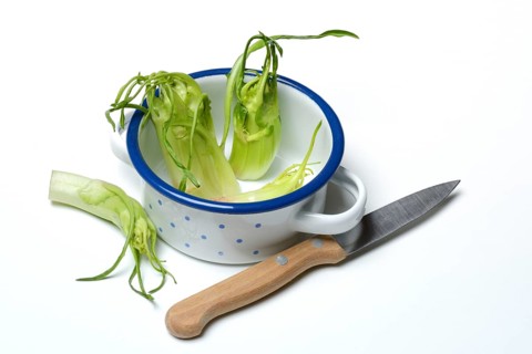 Puntarelle in bowl with knife, asparagus chicory