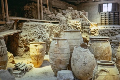 Minoan Bronze Age archaeological site of Akrotiri, Santorini, Cyclades islands, Greece, Europe,