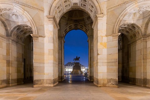 Semper Building of the Zwinger with view to the Theatre Square with the King John Monument by
