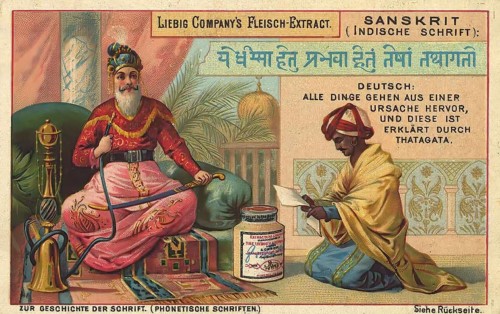 Picture series The history of writing, Sanskrit, Indian script, Liebig picture, digitally restored