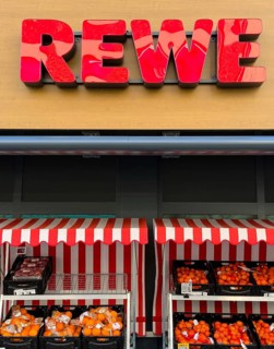 Rewe lettering on a supermarket in Düsseldorf, Germany