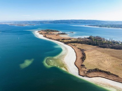 Aerial view of the Mettnau peninsula near Radolfzell on Lake Constance at low tide, the island of