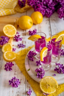 Purple and yellow, Decorative, Liqueur and cocktails with lemons
