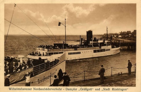 Historical postcard, picture postcard, Nodseebäderverkehr, steamer Grüßgott and the town of