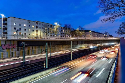The Hausackerbrücke, inner-city road bridge over the A40 motorway and the U18 light rail line,
