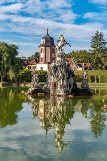 The Great Lake with the Musenberg Parnassus, castle and rococo courtyard garden Veitshöchheim,