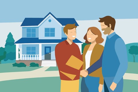 A couple happily shakes hands with their real estate agent in front of their new home on a bright
