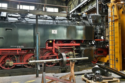 Steam locomotive of the Harz narrow gauge railway for maintenance in the workshop, Wernigerode,
